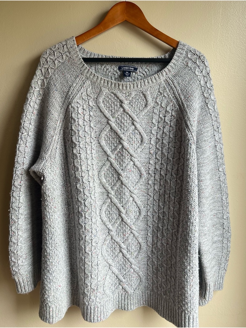 Lands’ End 2X Gray Wool Blend Cable Knit Donegal Speckled Sweater